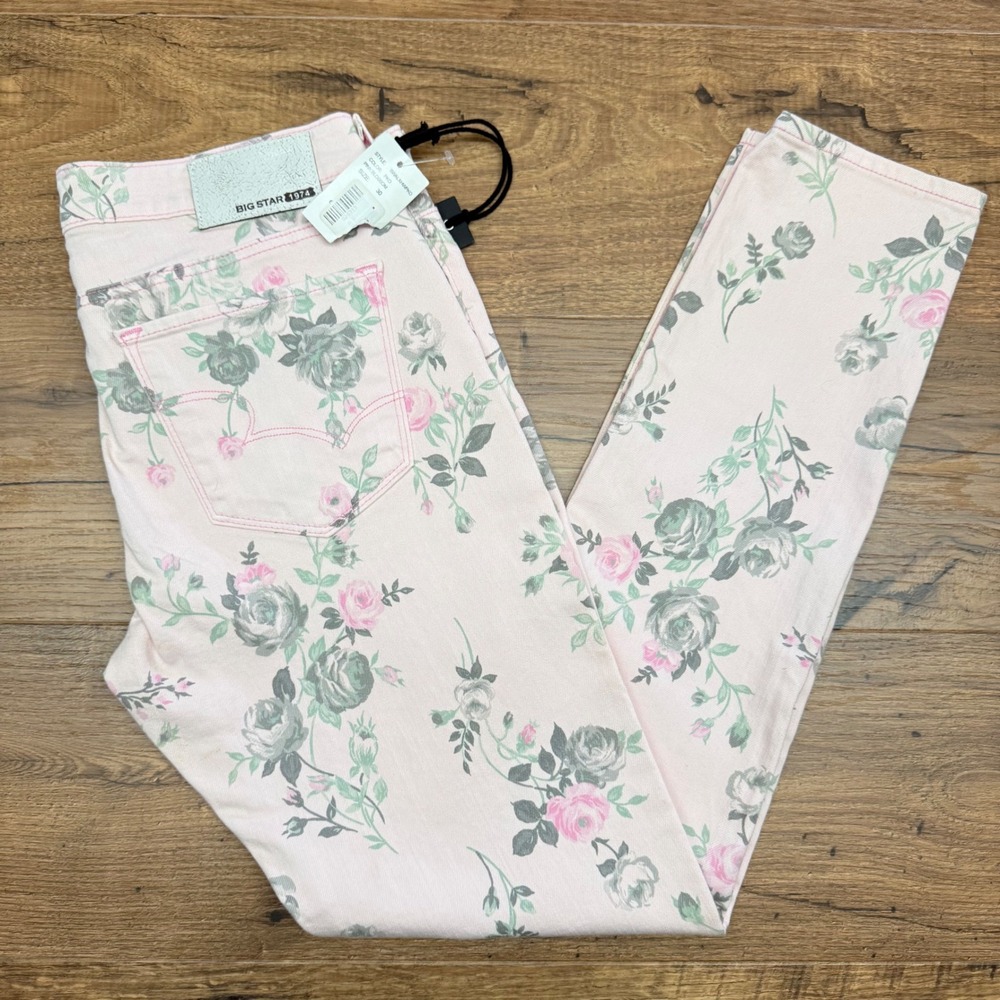 NEW Big‎ Star Women 30 Alex Mid Rise Skinny Jeans Floral Pink Blossom Romantic